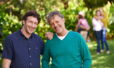 Image showing Laugh, dad and portrait with man for bonding, affection and love to relax in garden, backyard and nature. Male people, family and men with smile, happiness or together outdoor in Ukraine by relatives