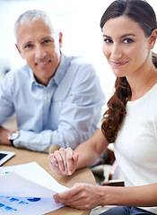 Image showing Portrait, man and woman in office with documents for sales review, growth or development online. Planning, strategy and business people at desk with stats for data analysis, feedback or profit report