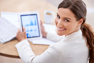 Image showing Portrait, graphs and tablet of businesswoman, smile and technology with data. Statistics, charts and planning or money report, female financial advisor and professional employee in corporate