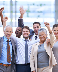 Image showing Happy business people, portrait or cheers for success with collaboration target, goals or teamwork. Hands up, profit bonus or excited employees winning in corporate with group, welcome or achievement