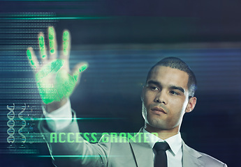 Image showing Access, security or hand of businessman on overlay technology or future hologram for biometrics. Black background, handprint or entrepreneur with touchscreen for digital database or scanning id info