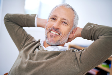 Image showing Businessman, mature and portrait with smile, relax and desk or workspace. Ceo, management and startup for accounting, administration and corporate with happiness for professional career or job