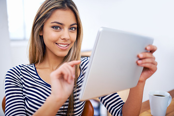 Image showing Businesswoman, tablet and portrait in workplace for online browsing, website or internet for creative project. Lens flare, technology and face of happy person for search, planning or connection