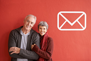 Image showing Happy, portrait and senior couple in studio with notification icon for message or email to connect together. Man, woman and red background with popup for contact or social media and communication.