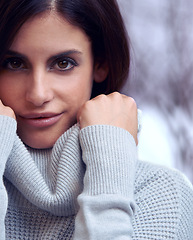 Image showing Winter, snow and face of woman for fashion with turtle neck, jersey and warm top by tree in nature. Female person, Mexican lady and portrait of girl with trendy style, clothes and cold outdoor