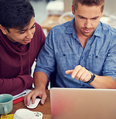 Image showing Business men, teamwork and laptop for creative planning, ideas and training or advice in programming. Programmer, designer or people on computer for information technology and startup collaboration