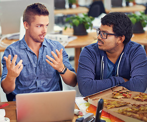 Image showing Business people, teamwork and pizza for creative planning, ideas and training or advice on laptop in workspace. Graphic designer or men on computer with fast food, collaboration and startup office