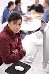 Image showing Business man, computer and portrait at office desk for web development, programming or information technology. Young programmer, worker or online designer on multimedia, planning and startup project