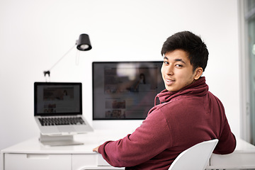 Image showing Happy man, portrait and computer screen for web development, programming and information technology. Asian programmer, worker or online designer on laptop or multimedia for startup project at desk