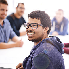 Image showing Business man, portrait and meeting in creative office for planning and collaboration in lens flare. Face of young worker, employees or designer in glasses for solution, teamwork and startup project