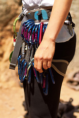 Image showing Carabiners, rock climbing equipment or harness for safety in adventure sport or gear to exercise in mountain. Fitness, activity or steel rope for grip or anchor point connection for secure attachment