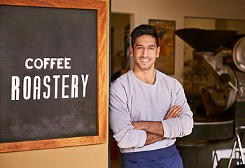 Image showing Barista, coffee shop and happy man with arms crossed in portrait for small business, confident owner and service. Entrepreneur, cafe and drinks with hospitality, professional and server in industry