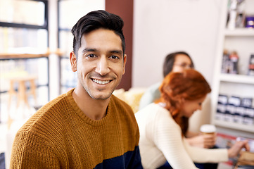 Image showing Man, portrait and work break room in a office with cappuccino, smile and happy with coworkers. Staff, worker and relax creative team at the company coffee shop with entrepreneur and conversation