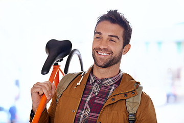 Image showing Man, smile and bike for travel with transportation, carbon footprint and sustainable commute for environment. Bicycle for eco friendly journey, cycling and happy with rider, workout and wellness