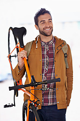 Image showing Man, happy and bike for travel with transportation, carbon footprint and sustainable commute for environment. Bicycle for eco friendly journey, cycling and smile with rider, workout and wellness