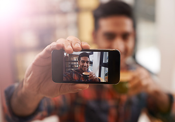 Image showing Smartphone, screen and selfie with man and coffee, hand and photography for social media, live stream and memory. Closeup, influencer with content creation and communication, mobile app and picture