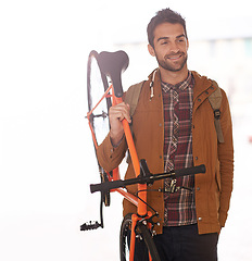Image showing Man, happy and bike for travel with transport, carbon footprint and sustainability with commute for environment. Bicycle for eco friendly journey, cycling and smile with rider, workout and wellness