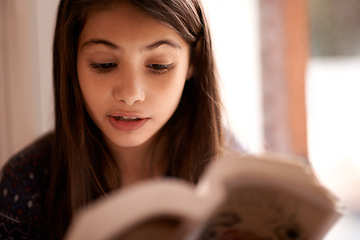 Image showing Girl, kid and book for reading in home with thinking, learning and language with studying for growth. Child, literacy and ideas with story, novel and fantasy with education in family house in Madrid