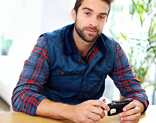 Image showing Portrait, cleaning and man with gun maintenance for safety, self defense and confident handgun assembly. Process, equipment and person with firearm maintenance, cloth and wiping dust, dirt and tools