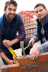 Image showing Construction worker, bricklayer and men with tools for building a brick wall, handyman or contractor with mentor and apprentice. Team, builder with maintenance or renovation for training in industry