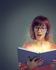 Image showing Woman, book and read for story, fairytale and wow facial expression for glowing and sparkle on mockup. Young person and shocked with glasses for omg, surprised and interesting for magic and fiction