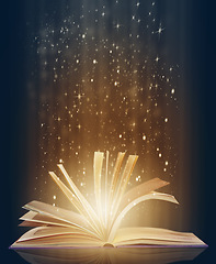 Image showing Book, fairytale and pages for read and story with lights, glowing and sparkle on mockup. Creative novel, glitter and stars for magic, fiction and shimmer for shine and surreal for bright and picture