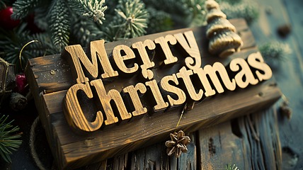 Image showing Wooden Oak Merry Christmas concept creative horizontal art poster.