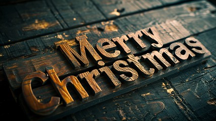 Image showing Wooden Teak Merry Christmas concept creative horizontal art poster.