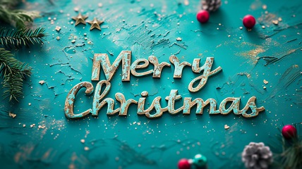 Image showing Turquoise Crystal Merry Christmas concept creative horizontal art poster.