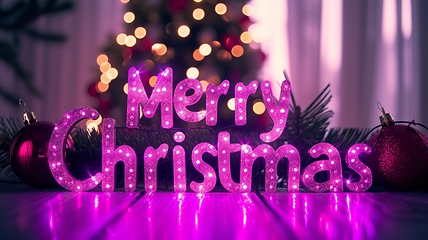 Image showing Violet LED Merry Christmas concept creative horizontal art poster.