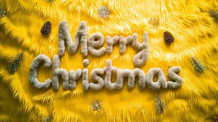 Image showing Yellow Fur Merry Christmas concept creative horizontal art poster.