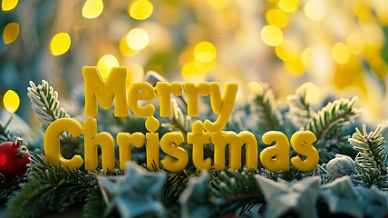 Image showing Yellow Glossy Surface Merry Christmas concept creative horizontal art poster.