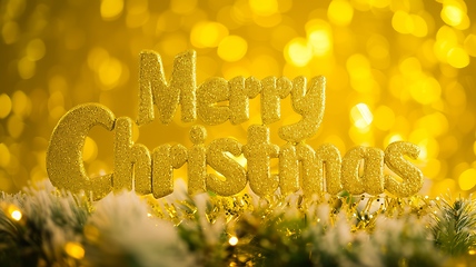 Image showing Yellow Glossy Surface Merry Christmas concept creative horizontal art poster.