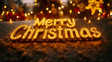 Image showing Yellow LED Merry Christmas concept creative horizontal art poster.