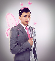 Image showing Corporate, man in fairy costume and portrait with magic in business for career growth on grey background. Butterfly, wand and wings, fantasy cosplay for dress up or wish for professional progress