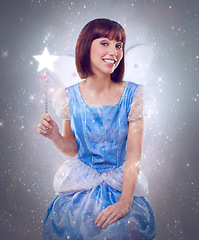 Image showing Fairy, wand and portrait of woman with smile in tutu, mystical and magic with butterfly wings. Adult, female person and girl with happiness for whimsical, sparkles and fantasy in studio or background