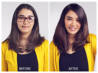 Image showing Transformation, woman and smile with portrait for hair care with cosmetics, hairstyle change or glasses makeover. Person, face or collage for beauty change with collagen treatment on white background