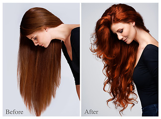 Image showing Transformation, woman and hair before after in salon for hairstyle, keratin or collagen treatment. Redhead, female person and collage for change with cosmetics, healthy and shiny curls as transition