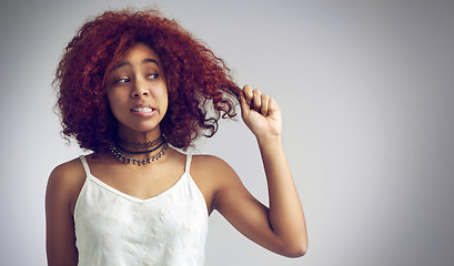 Image showing Hair, salon and woman on gray background for wellness, healthy texture and keratin treatment. Beauty mockup, haircare and isolated person with anxiety for growth, cosmetics and damage in studio