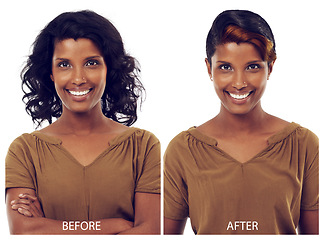 Image showing Makeover, woman or smile with portrait for hair care with cosmetic, hairstyle change or haircut transformation. Indian girl, face or collage for beauty change with color treatment on white background