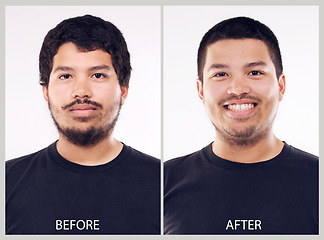 Image showing Transformation, man and hair before after in portrait for hairstyle, keratin or collagen treatment. Asian person, smile or collage comparison for change with cosmetics, care and haircut as transition