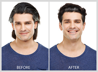Image showing Transformation, happy man and hair before after in portrait for hairstyle, keratin or collagen treatment. Male person, smile or collage comparison for change with cosmetics, care or shine for haircut