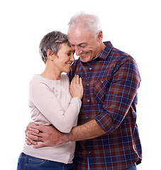 Image showing Happy, hug and senior couple on a white background for bonding, affection and loving relationship. Marriage, love and mature man and woman embrace for commitment, trust and care in studio together