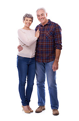 Image showing White background, hug and portrait of senior couple for bonding, affection and loving relationship. Marriage, happy and mature man and woman embrace for commitment, trust and care in studio together