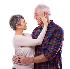 Image showing Love, touch and senior couple on a white background for bonding, affection and loving relationship. Marriage, happy and mature man and woman embrace for commitment, trust and care in studio together