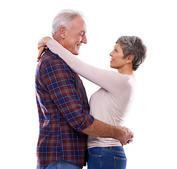 Image showing Love, hug and mature couple on a white background for bonding, affection and loving relationship. Marriage, happy and senior man and woman embrace for commitment, trust and care in studio together