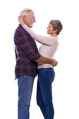 Image showing Love, hug and senior couple in studio for bonding, affection and loving relationship. Marriage, happy and mature man and woman embrace for commitment, trust and care on a white background together