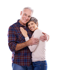 Image showing Portrait, hug and senior couple on a white background for bonding, affection and loving relationship. Marriage, happy and mature man and woman embrace for commitment, love and care in studio together