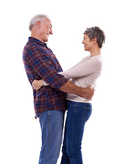 Image showing Love, hug and senior couple on a white background for bonding, affection and loving relationship. Marriage, happy and mature man and woman embrace for commitment, trust and care in studio together