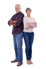 Image showing Senior, couple and studio portrait and confident, smile and retired people in elderly love relationship together. Crossed arms, female person and man on white background, mockup space and joy